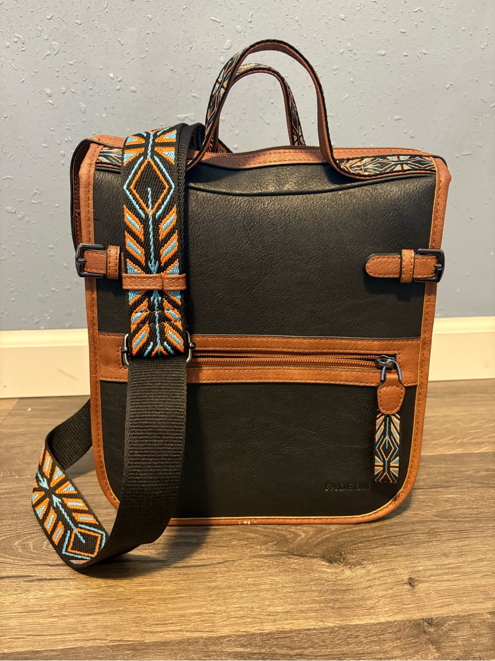 Black & Brown Crossbody Bag with Patterned Strap